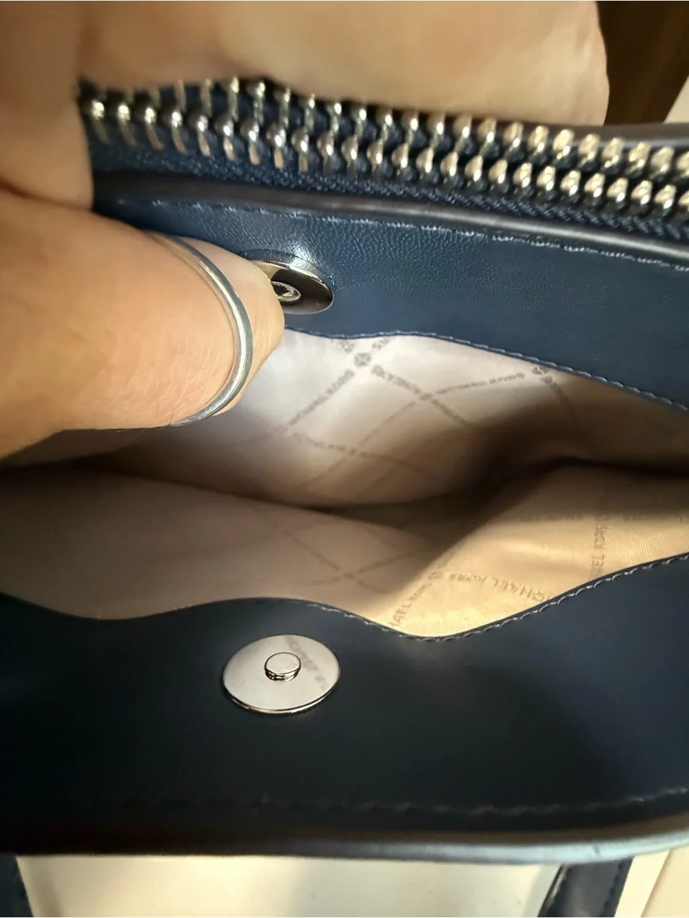 Michael Kors Quilted Navy Shoulder Tote with Silver Chain Straps